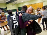Robert Pereira, 16, welcomes Skyla Lynk-Romano,15, back to school after seeing her for the first time since her accident.  Skyla Lynk-Romano who suffered a traumatic brain injury when she was struck by a car on January 5th attends her first day of school at the Greater New Bedford Regional Vocational Technical High School after a long rehabilitation process at the Pappas Rehabilitation Hospital for Children in Canton, MA. On January 5, 2017, Skyla, a freshman at Greater New Bedford Regional Vocational-Technical High School, was crossing Dartmouth Street to meet her father after leaving the Dancer’s Edge studio when she was hit by a car and critically injured. The driver, Jessica Skaggs, 34, fled the scene before turning herself in. Skaggs has been sentenced to six months at the House of Corrections, but the sentense was suspended for two years. PHOTO PETER PEREIRA